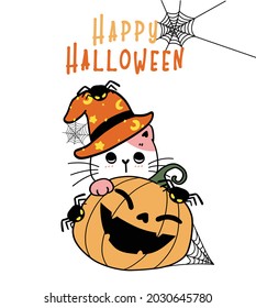 cute kitten cat animal with happy craved pumpkin smiling and black spiders cartoon doodle illustration outline