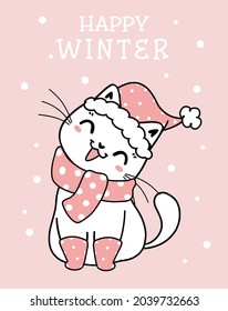 cute kitten cat Christmas cartoon with pink winter clothes, Meowy Catmas, flat vector doodle linear illustration 