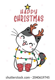 cute kitten cat Christmas cartoon with reindeer antler, Meowy Catmas, flat vector doodle linear illustration 