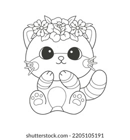 Cute kitten cat in a flower crown hand drawn coloring page