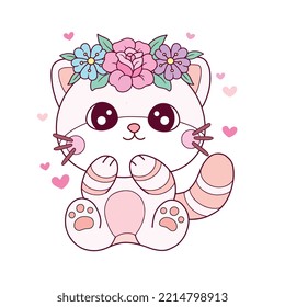 Cute Kitten Cat In A Flower Crown Cartoon Illustration