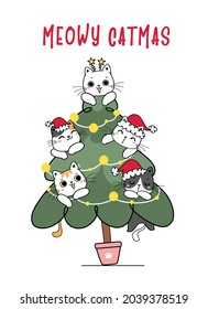 cute kitten cat friend group cartoon in Santa hat on Christmas tree, Meowy Catmas, flat vector doodle linear illustration 