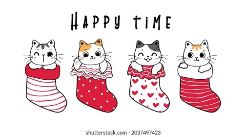 cute kitten cat friends in red and white Christmas socks banner, cute cartoon hand drawn flat vector childlike 