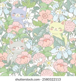 Cute kitten cat having fun in flower garden seamless pattern