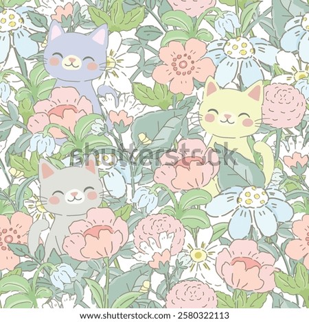 Cute kitten cat having fun in flower garden seamless pattern