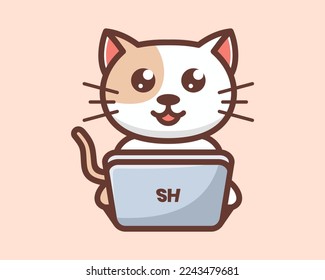 Cute Kitten Cat Kitty Funny Cheerful Cartoon Mascot Laptop Notebook Illustration Vector Logo Design