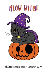 cute kitten cat purple magic meow witch costume Trick or Treat cartoon doodle illustration outline