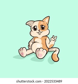 Cute Kitten Cat Sitting and Peaceful Finger Illustration Design. Animal Wildlife Concept Illustration Design in Blue Background