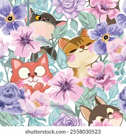 Cute kitten cat in watercolor flower garden seamless pattern