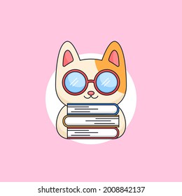 Cute kitten cat wearing geek glasses holding books bookworm animal mascot cartoon vector illustration design