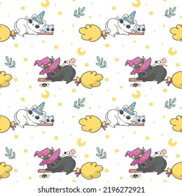 cute kitten cat witch on broomstick halloween pattern seamless background cartoon doodle hand drawn