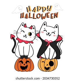 Cute kitten cats Dracula and devil costume with funny face craved orange pumpkin Happy Halloween cartoon flat vector illustration 