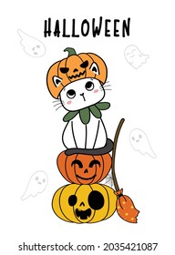 Cute kitten cats pumpkin head Halloween costume with funny face craved orange pumpkin Happy Halloween cartoon flat vector illustration 