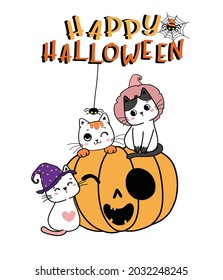Cute kitten cats witch hat party with funny face craved orange pumpkin Happy Halloween cartoon flat vector illustration 
