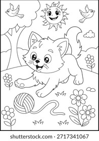 Cute kitten character playing with a ball of yarn in a sunny garden with a smiling sun, birds, and flowers coloring page for kids. Happy animal cartoon character for children