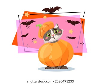 Cute kitten character in pumpkin costume vector illustration. Flying bats and stars on background. Halloween, pet, party concept. Can be used for banner, poster or invitation design