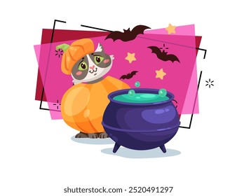 Cute kitten character in pumpkin costume near cauldron with potion vector illustration. Flying bats and stars on background. Halloween, pet, magic concept. Can be used for banner or invitation design