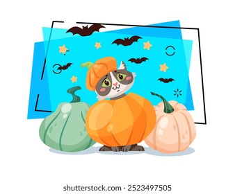 Cute kitten character in pumpkin costume and squashes vector illustration. Flying bats and stars on background. Halloween, pet, party concept. Can be used for banner, poster or invitation design