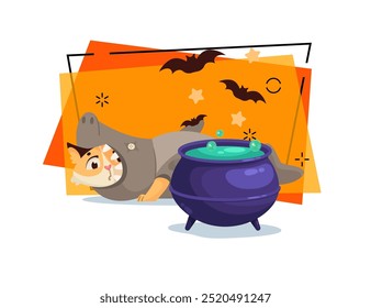 Cute kitten character in shark costume near cauldron with potion vector illustration. Flying bats and stars on background. Halloween, pet, magic concept. Can be used for banner or invitation design