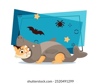 Cute kitten character in shark costume vector illustration. Spider and bat on background. Halloween, pet, party, carnival concept. Can be used for banner, poster or invitation design