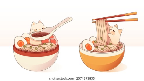 Cute kitten characters with ramen elements - tiny cat drinking from spoon, playful feline lying in bowl with noodles on chopsticks. Japanese soup bowls filled with eggs and meat in ceramic vessels.