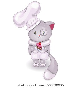 The cute kitten chef with piece of cake