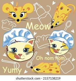 A cute kitten in a chef's hat with a mouse in the form of a piece of cheese on a gentle background with funny inscriptions and kitchen items