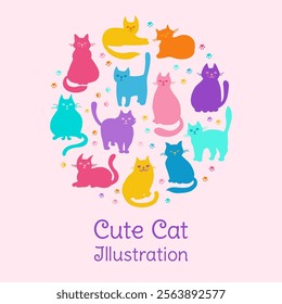 Cute kitten childish colorful poster. Cats silhouette hand drawn set. Modern funny pet animal poster kids design. Postcard cats in different poses. Mammal drawing character vector illustration