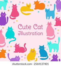Cute kitten childish colorful poster. Cats hand drawn postcard. Funny pet animal banner kids design. Cats in different poses. Mammal drawing character vector art illustration flyer poster template