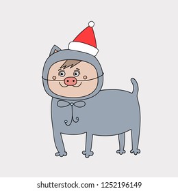 cute kitten in a Christmas hat, disguised as a pig. vector outline illustrations