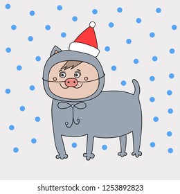 cute kitten in a Christmas hat, disguised as a pig. vector outline illustrations