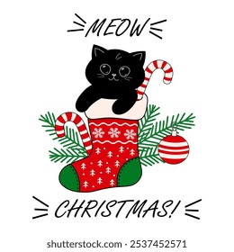 Gatito lindo en Navidades Ilustración vectorial de almacenamiento, Navidades de maullido cita divertida, tarjeta de felicitación, arte de Clip.