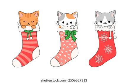 Cute kitten in a Christmas stocking, vector illustration set, design for greeting card, stickers, decorative element.