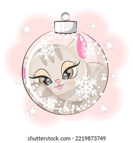 Cute kitten with a Christmas tree ball Christmas vector illustration