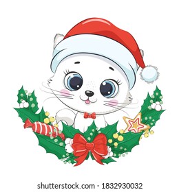 Cute kitten with Christmas wreath. Vector illustration for baby shower, greeting card, party invitation, fashion clothes t-shirt print.