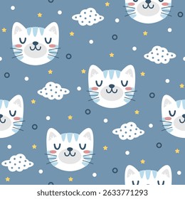 Gatinho bonito com a mão desenhada na nuvem projeto vetor sem emenda para impressão em têxtil, envoltório, pano de fundo e outros usos.