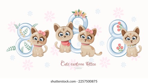 Cute kitten collection with number 8