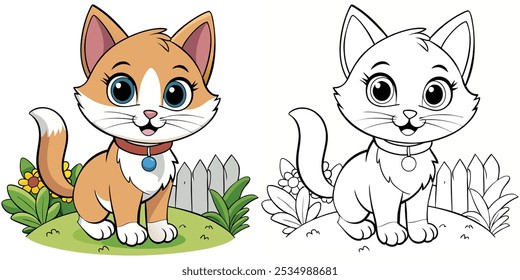 Cute Kitten Coloring Book For Kids Printable. Little Cat In Garden Cartoon Outline Vector. Animal Cartoon Illustration