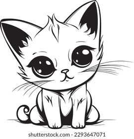 Cute kitten for coloring, drawn on white background, kitten with very big eyes and in vector art.