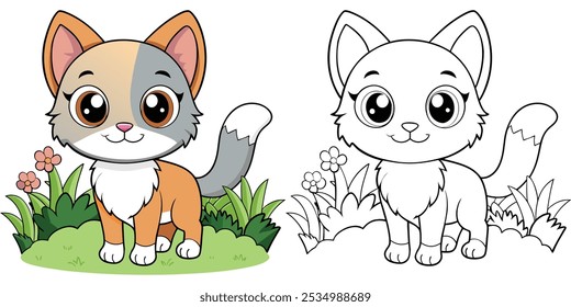 Süße Kätzchen Malvorlage für Kinder druckbar. Kleine Katze im Garten Cartoon Outline Vektor. Tierische Cartoon-Illustration