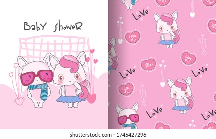 Cute kitten couple seamless pattern illustration for kids