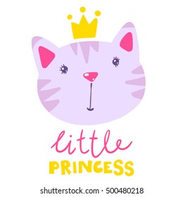 Cute Kitten with Crown and Inscription Little Princess Vector Illustration