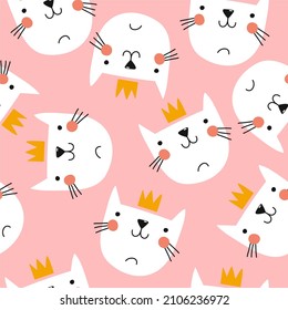 Cute kitten in a crown. Seamless pattern with a cat. Children's illustration for designing clothes, decor, applying to fabric and paper