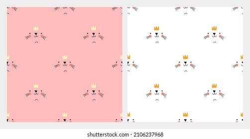Cute kitten in crown  Two seamless patterns and kitten's face  Children's illustration for designing clothes  decor  applying to fabric   paper