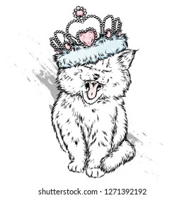 Cute kitten in the crown. Vector illustration for postcard or poster, print for clothes. Princess. Cat.