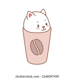 Cute kitten in a cup. Cartoon illustration of a little kitten sitting in the cup isolated on a white background. Vector 10 EPS.