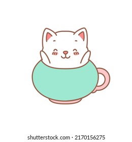 Cute kitten in a cup. Cartoon illustration of a little kitten sitting in the cup isolated on a white background. Vector 10 EPS.