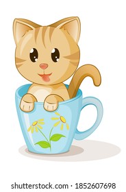 Cute kitten in cup coffee cartoon