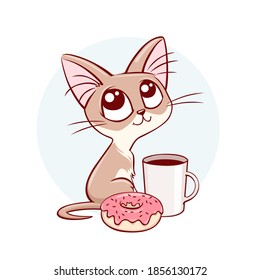 Cute kitten with a cup of coffee near the cake. Morning and sweets. Tasty breakfast. Image for printing on a cup or t-shirt. Postcard good morning. Vector image.