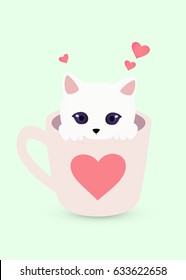 Cute kitten in a cup with heart print. Vector illustration.